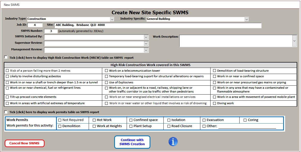 New site specific SWMS JSEAsy v4.5.3
