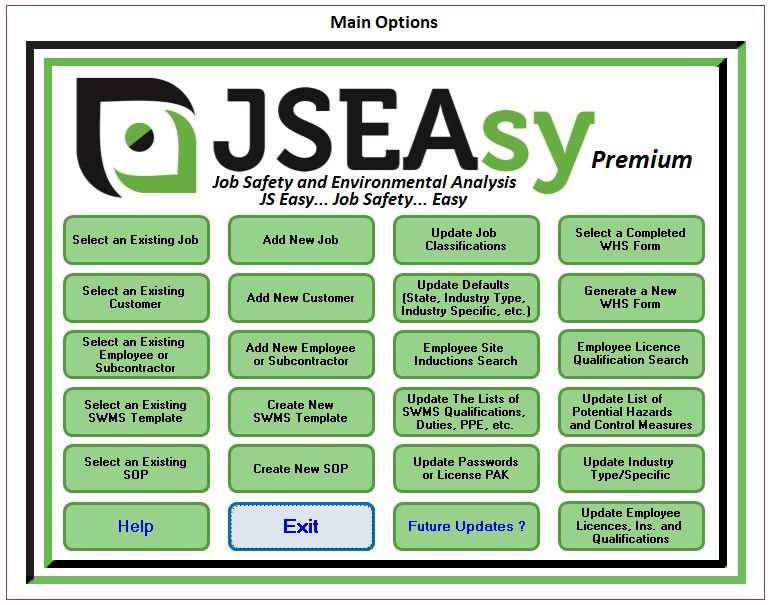 JSEAsy Main Options WHS SWMS