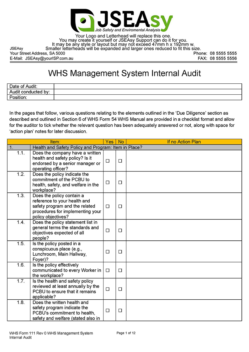 WHS Management System Internal Audit
