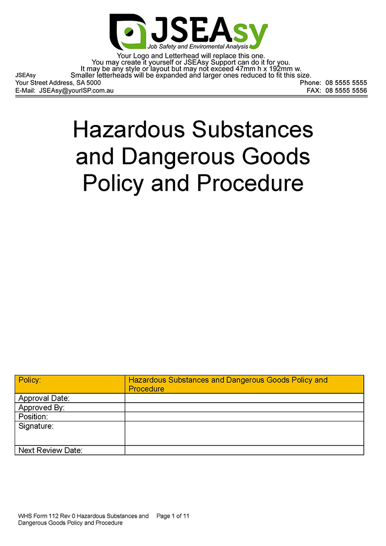 Hazardous Substances and Dangerous Goods Policy and Procedure