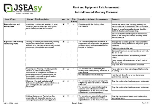 Masonry Chainsaw Plant and Equipment Risk Assessment (PERA)