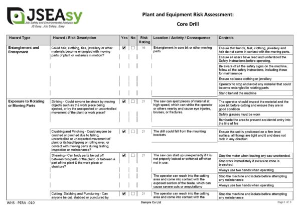 Core Drill Plant and Equipment Risk Assessment (PERA)