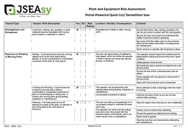 Quick Cut Plant and Equipment Risk Assessment (PERA)