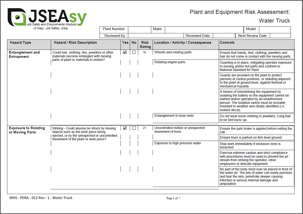 Heavy vehicle water truck used in construction, the first page of plant risk assessment Heavy vehicle water truck used in construction, the first page of plant risk assessment