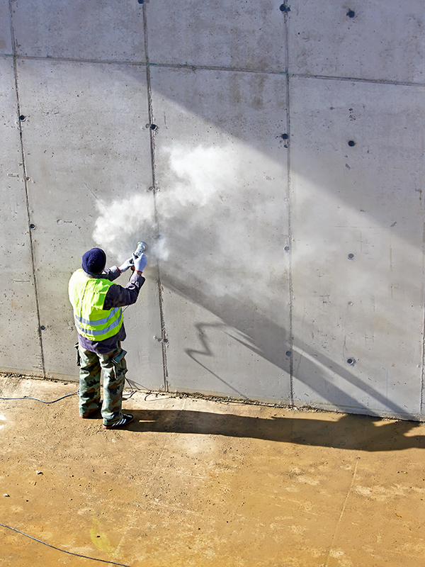 Silica dust is being generated from grinding the precast concrete wall.