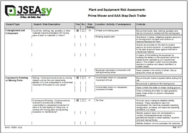 Prime Mover and AAA Step Deck Trailer Plant and Equipment Risk Assessment (PERA)
