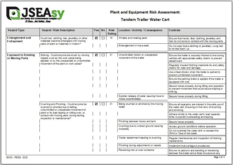 Tandem Trailer Water Cart Plant and Equipment Risk Assessment (PERA)