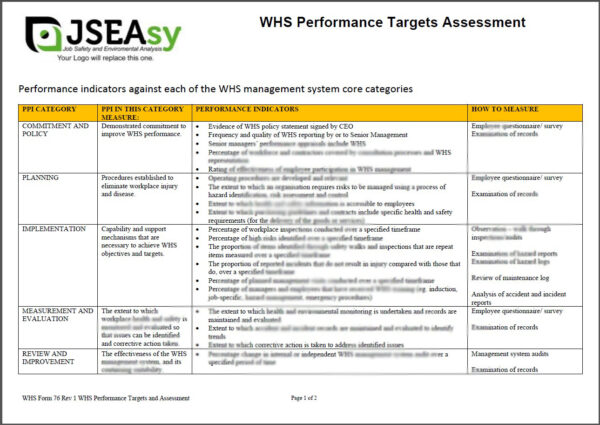 WHS Form 76 WHS Performance Targets and Assessment