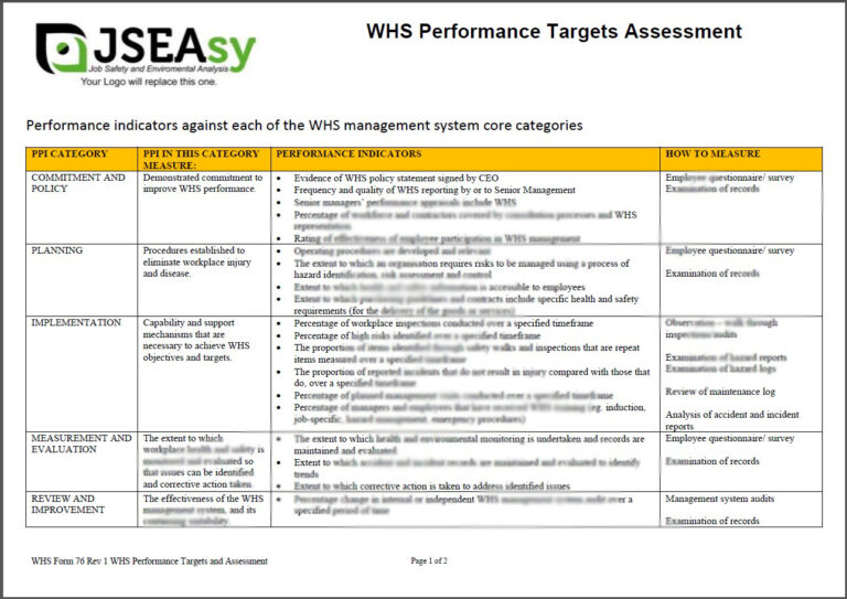 WHS Form 76 WHS Performance Targets and Assessment