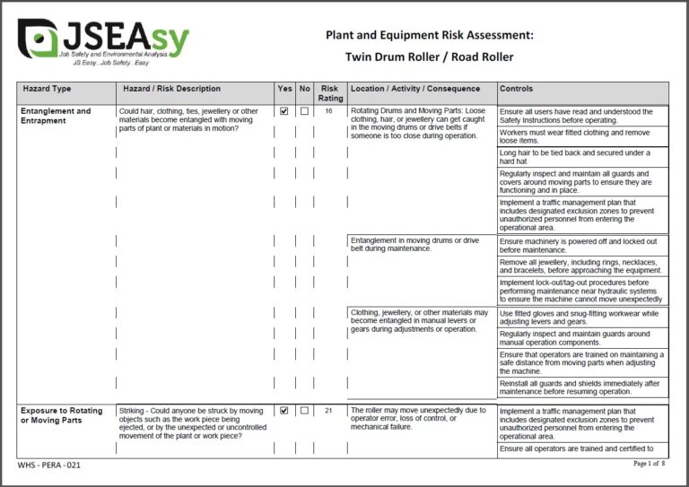 Twin Drum Roller / Road Roller Plant and Equipment Risk Assessment (PERA)