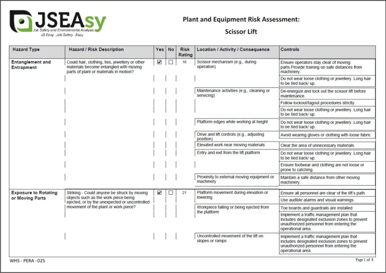 Scissor Lift Plant and Equipment Risk Assessment