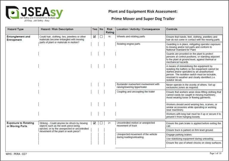 Plant and Equipment Risk Assessment (PERA) 027 Prime Mover and Super Dog Trailer
