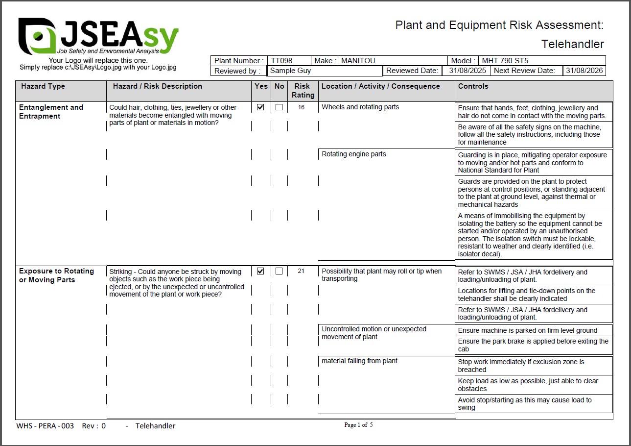 WHS compliant plant and equipment risk assessment PDF example