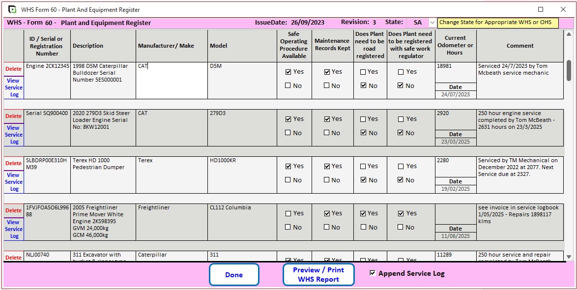 Screenshot of the plant and equipment register in the JSEAsy EHS software