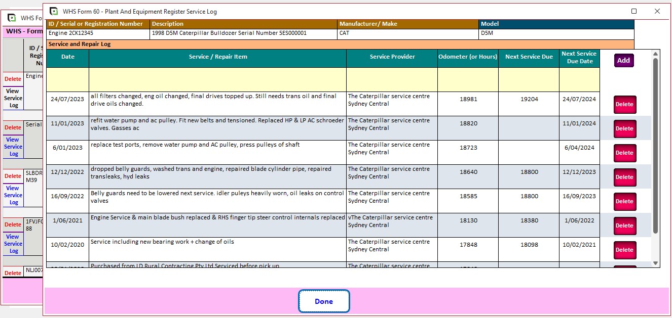 Screenshot of the plant and equipment service and repair log