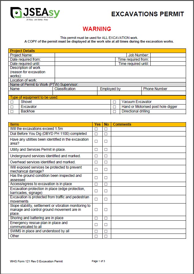 Page 1 of an Excavation permit, crafted by JSEAsy for WHS compliance