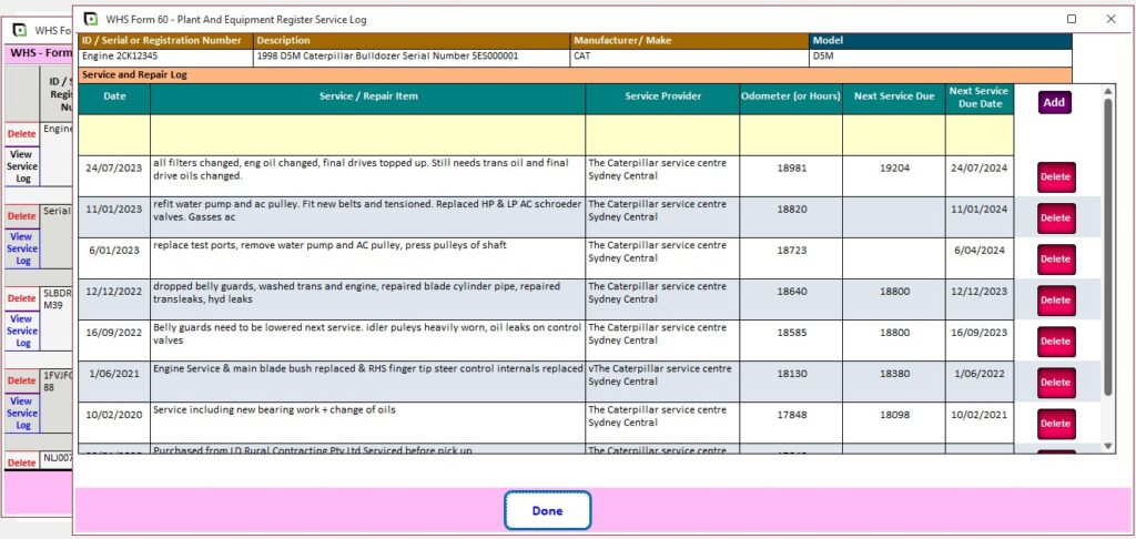 Screenshot of the Plant and Equipment Service and Repair Log in the JSEAsy WHS software to record and track service and repair history. Screenshot of the Plant and Equipment Service and Repair Log in the JSEAsy WHS software to record and track service and repair history.