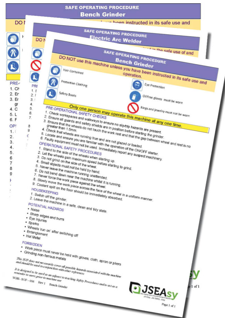 A Safe Operating Procedure (SOP) for a bench grinder showing Pre-operational checks, Operational procedures, Housekeeping, potential hazards and forbitten activities for WHS compliance. A Safe Operating Procedure (SOP) for a bench grinder showing Pre-operational checks, Operational procedures, Housekeeping, potential hazards and forbitten activities for WHS compliance.