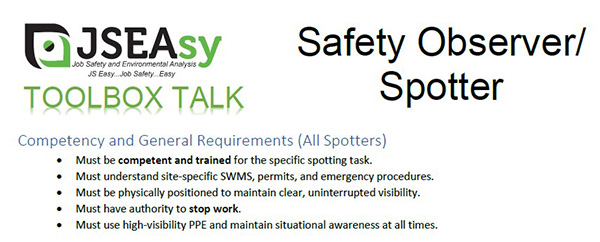 Toolbox talk covering safety observer and spotter responsibilities