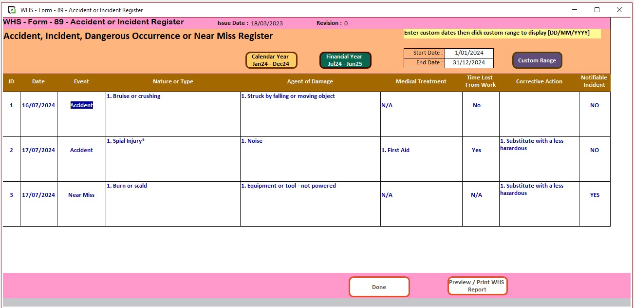 Screenshot of the Accident or Incident register in the JSEAsy risk management software.