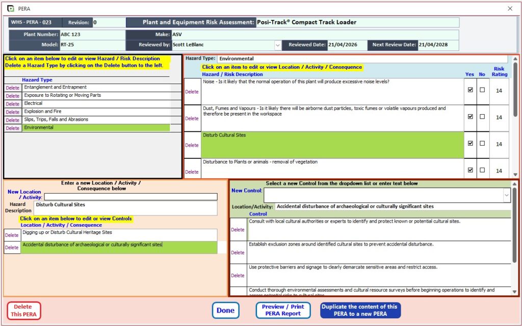 Plant and Equipment Risk Assessment (PERA) Form where you build your PERA using the JSEAsy WHS Software