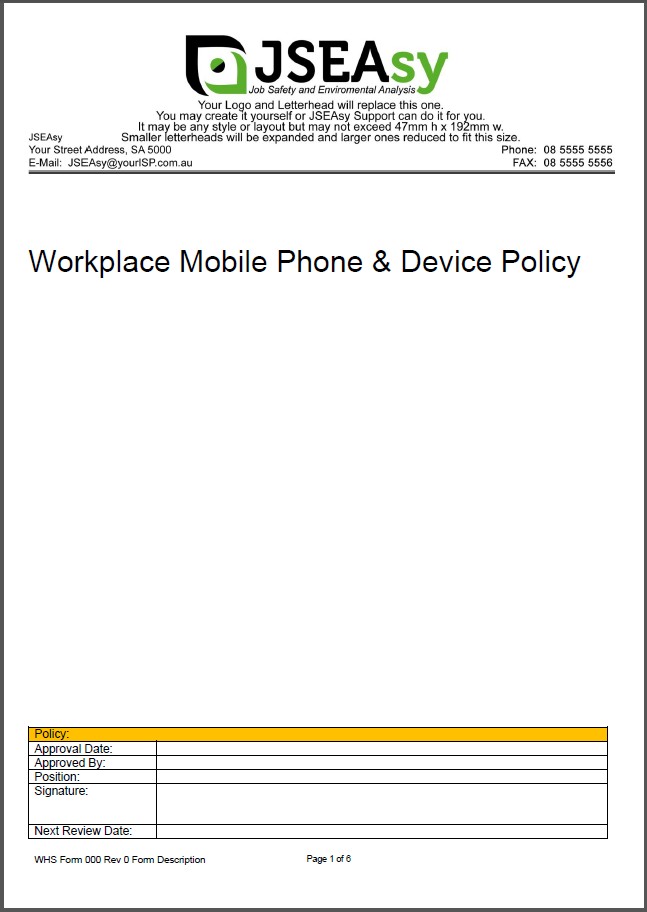 JSEasy Workplace Mobile Phone & Device Policy cover page with logo and a policy detail form table.