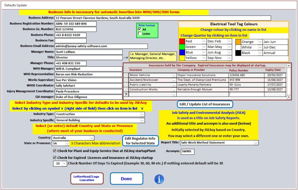Screenshot of a 'Defaults Update' data-entry form showing fields for business info, industry, country, insurance, and action buttons. Screenshot of a 'Defaults Update' data-entry form showing fields for business info, industry, country, insurance, and action buttons.