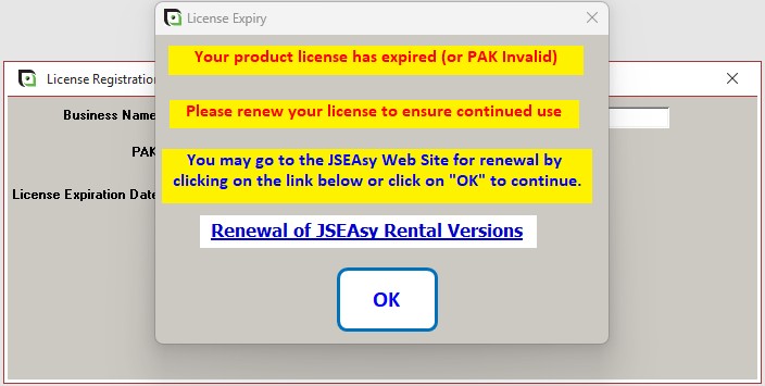 JSEAsy product licence has expired notification