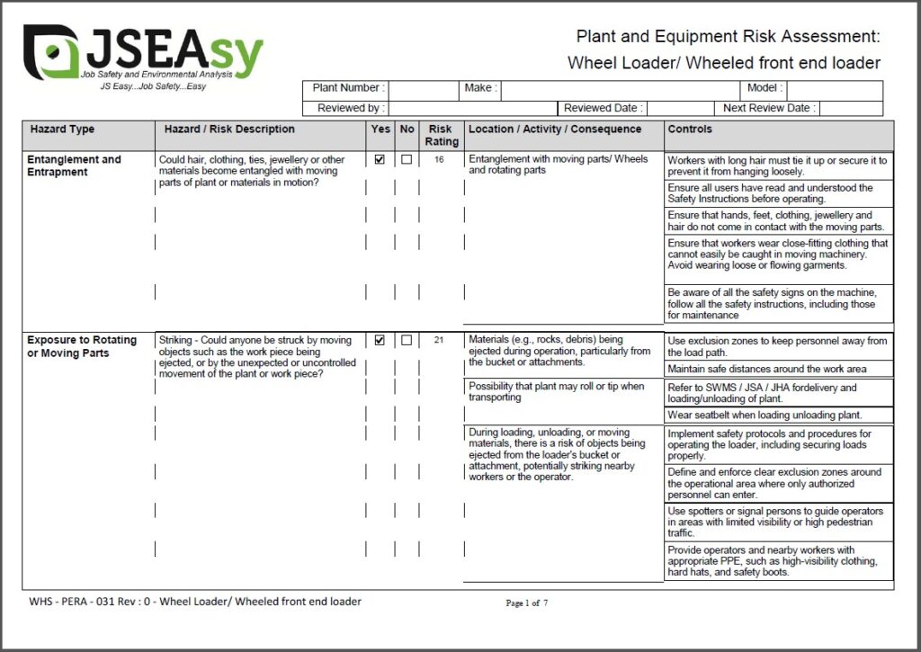 Plant & Equipment Risk Assessment (PERA) – Wheeled Front End Loader