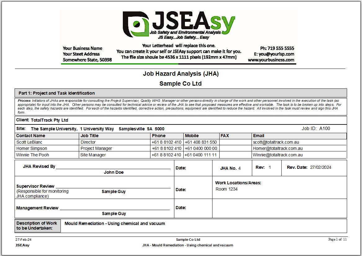 Job Hazard Analysis (JHA) report creating using the JSEAsy Environmental Health and Safety (EHS) Software