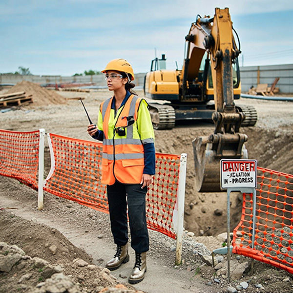 Excavation spotter monitoring excavator and workers near trench
