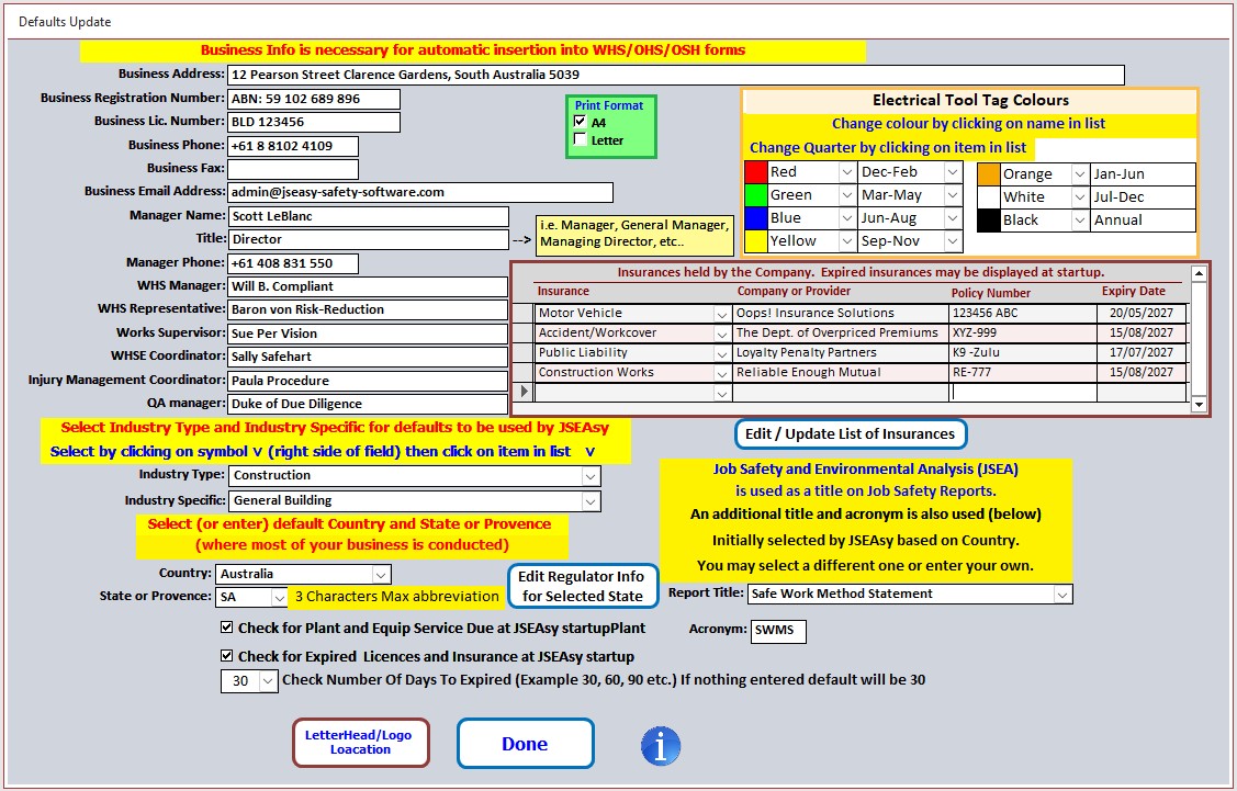 Defaults Updated in the JSEAsy EHS Software