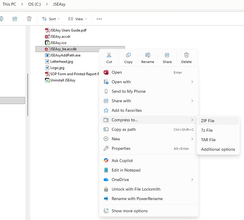 Select your JSEAsy data file and Compress to a Zip file.