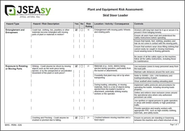 Skid Steer Loader Plant and Equipment Risk Assessment created using the JSEAsy EHS software.