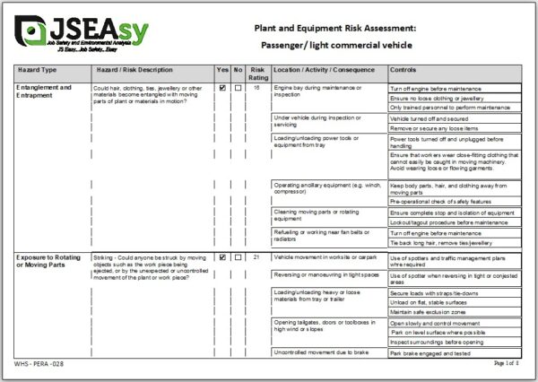 Passenger/ light commercial vehicle Plant and Equipment Risk Assessment