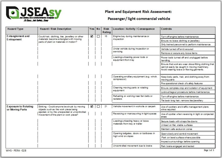 Passenger/ light commercial vehicle Plant and Equipment Risk Assessment