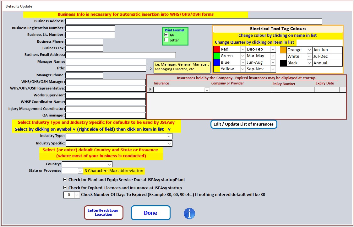 Enter in your default information into the JSEAsy Safety Management software