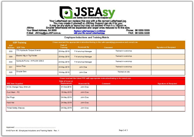 JSEAsy v4.4 Inductions and Training Matrix Sign off