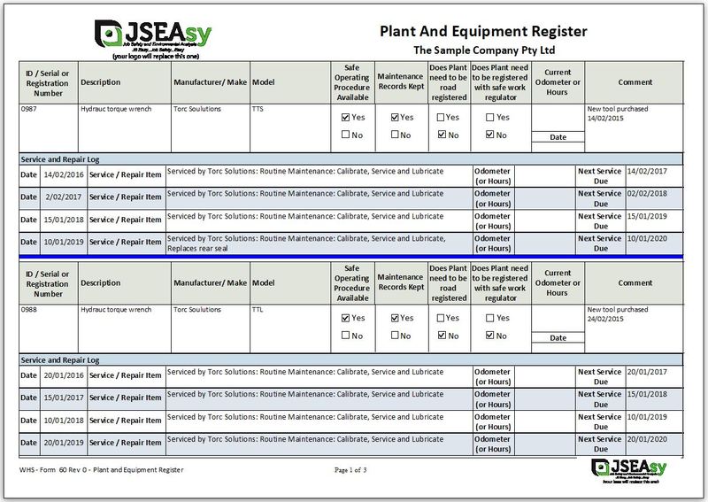 JSEAsy v4.4 Plant and Equipment register Report