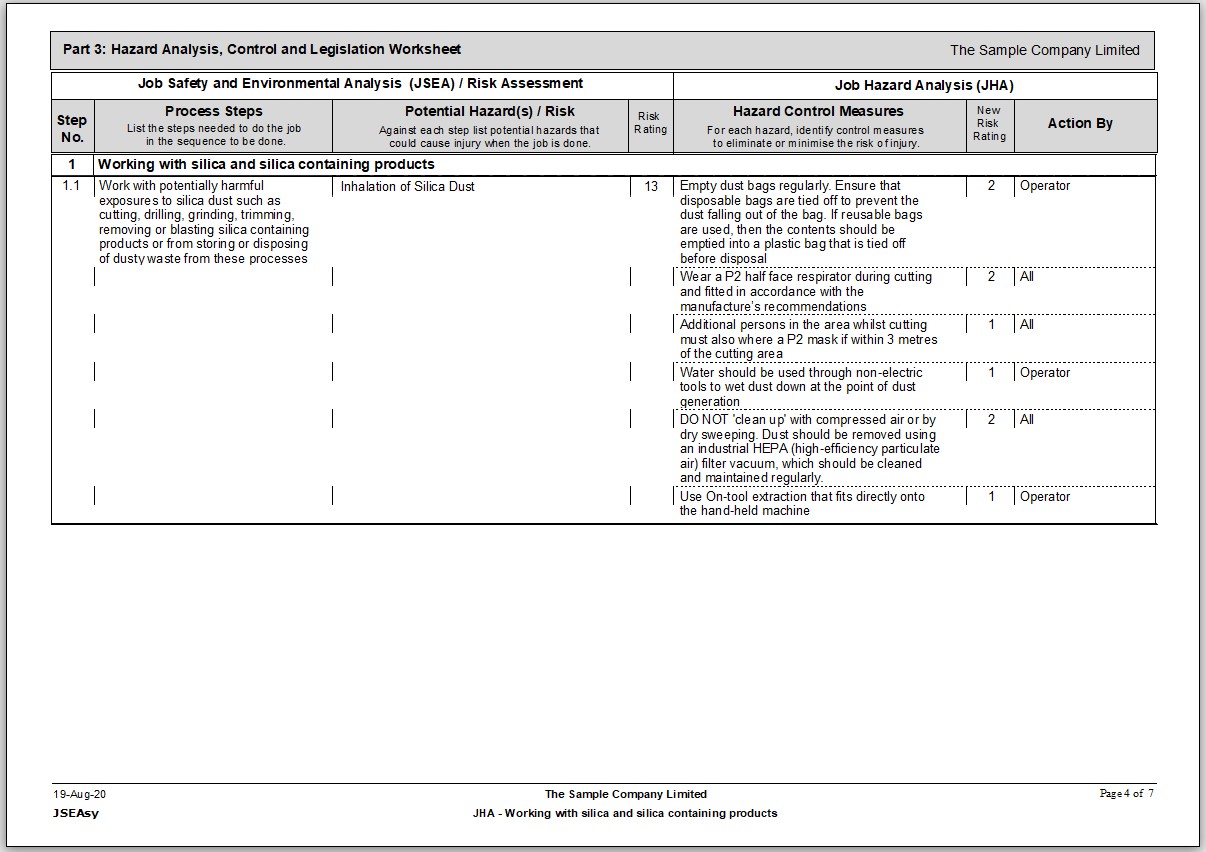 Sample JHA Template for Working with silica and silica containing products generated from the JSEAsy Health Safety and Environmental (HSE) Software