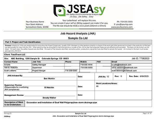 This is a sample Full JHA Report produced by the JSEAsy EHS Software