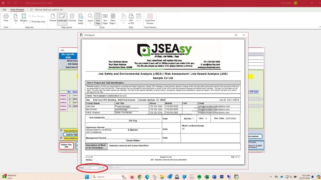 A preview of the completed JHA report is now displayed A preview of the completed JHA report is now displayed