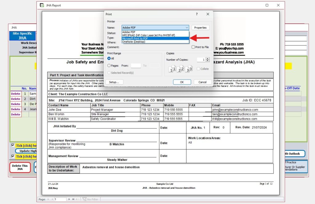 Select a printer from the print dialog box in the JSEAsy EHS software Select a printer from the print dialog box in the JSEAsy EHS software