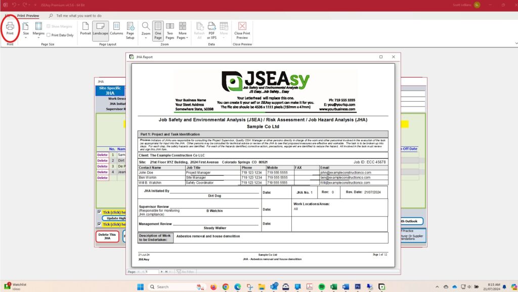 Print the completed JHA