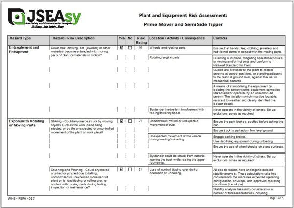 Prime Mover and Semi Side Tipper Plant and Equipment Risk Assessment (PERA)