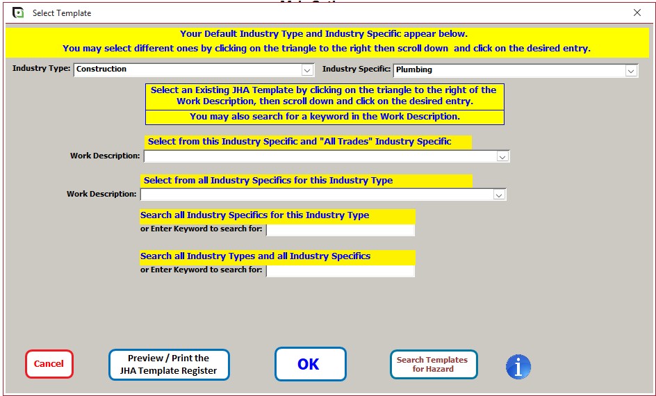 Search for JHA templates from dropdown lists or key word searches