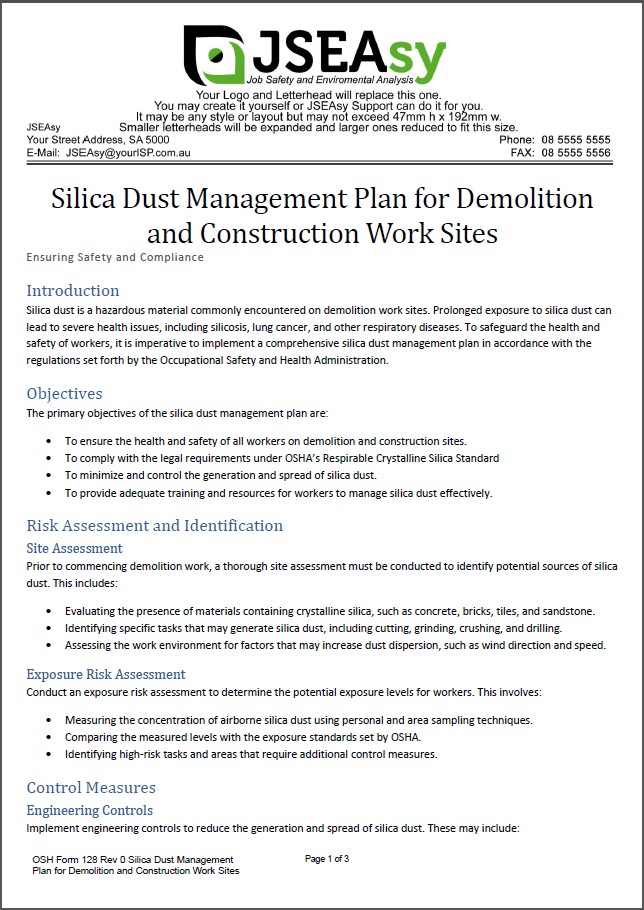Silica Dust Management Plan for Demolition and Construction Work Sites