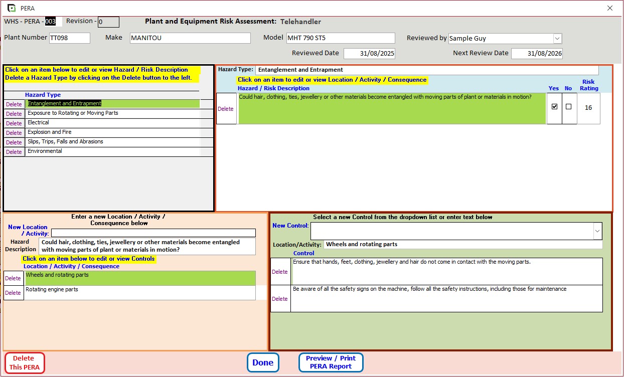 Enter the Plant or Equipment make, model and review details.