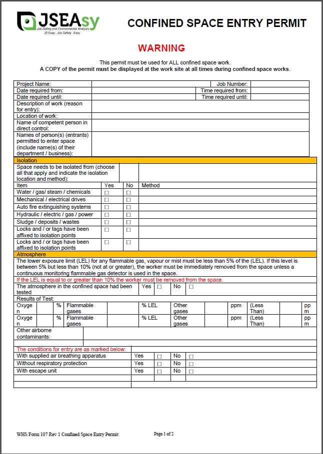 Confined Space Entry Permit to Work form used to authorise and control high-risk confined space entry activities