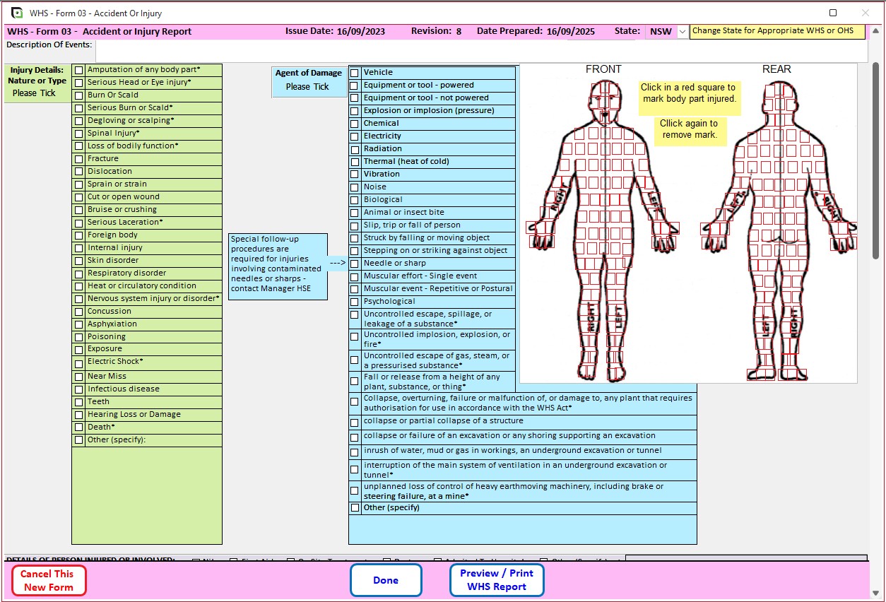 Screenshot of the accident or injury report form in the JSEAsy safety management software